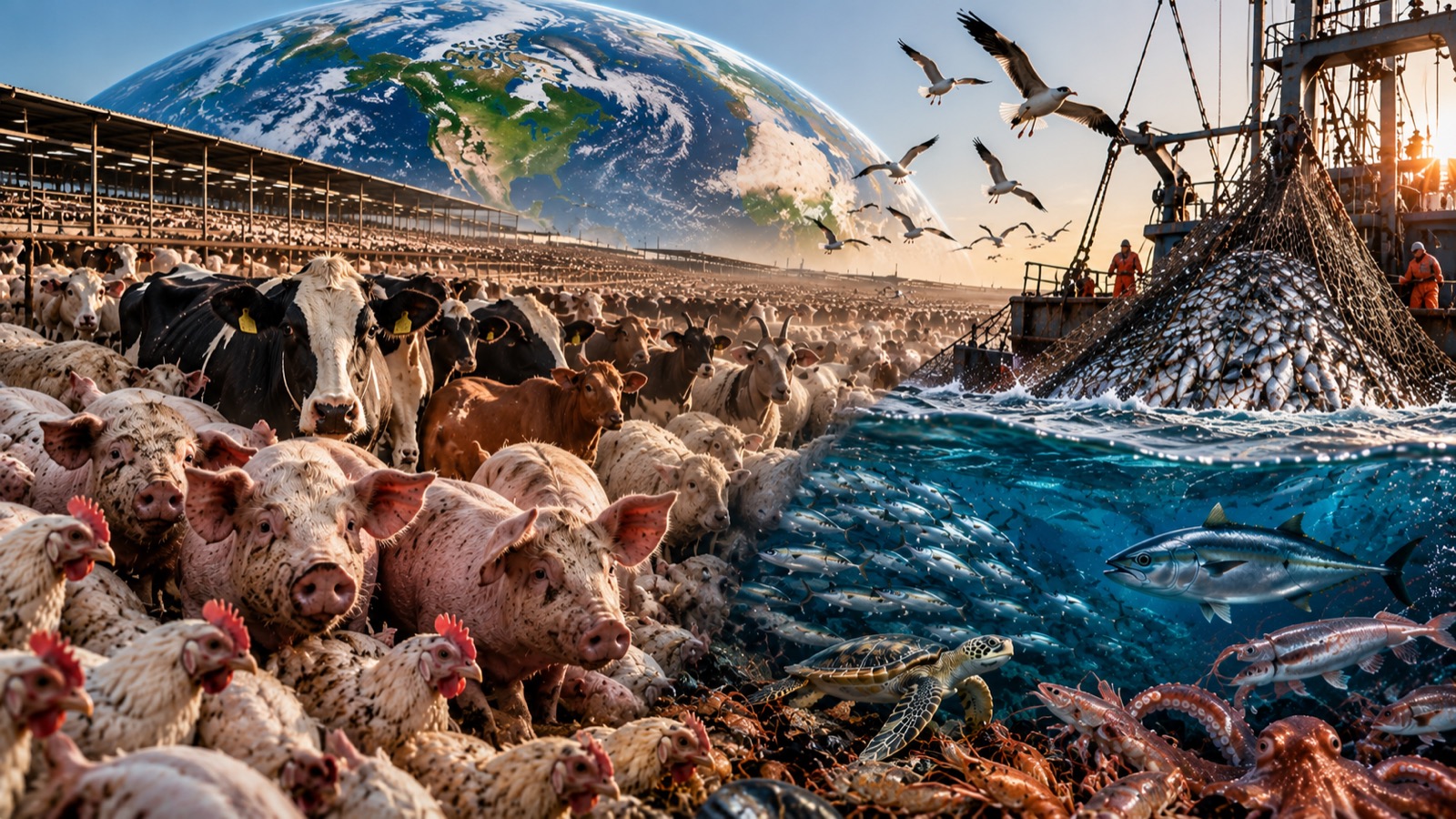 Representação de animais terrestres e aquáticos afetados pela produção de alimentos